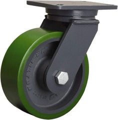 Hamilton - 8" Diam x 3" Wide x 10-1/2" OAH Top Plate Mount Swivel Caster - Polyurethane Mold onto Cast Iron Center, 2,500 Lb Capacity, Tapered Roller Bearing, 5-1/4 x 7-1/4" Plate - Americas Industrial Supply