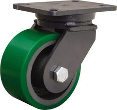 Hamilton - 6" Diam x 3" Wide x 8" OAH Top Plate Mount Swivel Caster - Polyurethane Mold onto Cast Iron Center, 2,200 Lb Capacity, Tapered Roller Bearing, 5-1/4 x 7-1/4" Plate - Americas Industrial Supply