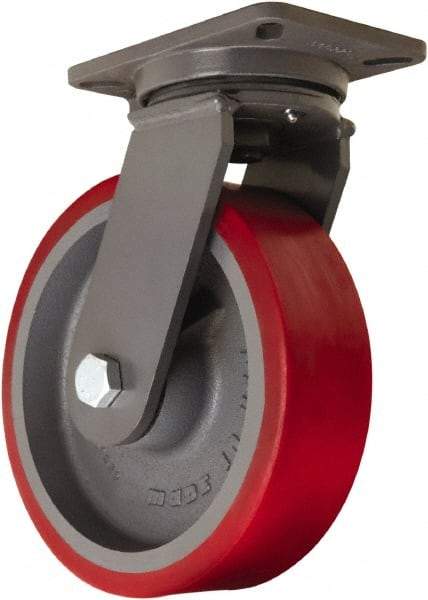 Hamilton - 10" Diam x 3" Wide x 12-1/2" OAH Top Plate Mount Swivel Caster - Polyurethane Mold onto Cast Iron Center, 3,600 Lb Capacity, Tapered Roller Bearing, 5-1/4 x 7-1/4" Plate - Americas Industrial Supply
