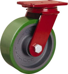 Hamilton - 8" Diam x 3" Wide x 10-1/8" OAH Top Plate Mount Swivel Caster - Polyurethane Mold onto Cast Iron Center, 2,200 Lb Capacity, Tapered Roller Bearing, 4-1/2 x 6-1/2" Plate - Americas Industrial Supply