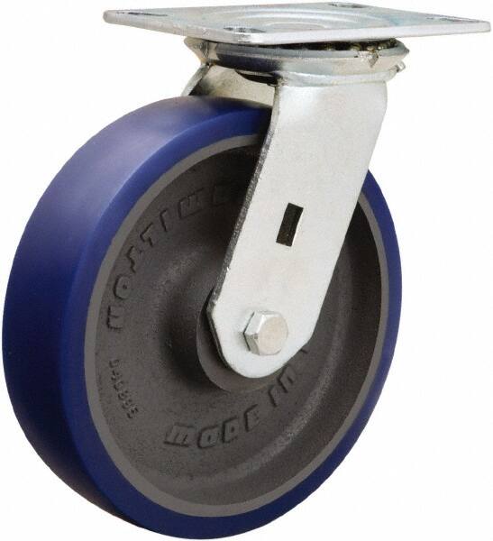Hamilton - 8" Diam x 2" Wide x 9-1/2" OAH Top Plate Mount Swivel Caster - Polyurethane Mold onto Cast Iron Center, 1,200 Lb Capacity, Sealed Precision Ball Bearing, 4-1/2 x 6-1/4" Plate - Americas Industrial Supply