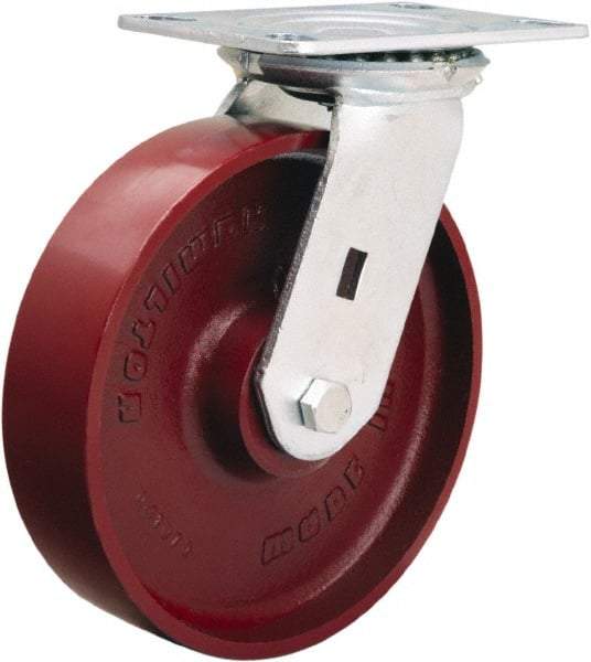 Hamilton - 8" Diam x 2" Wide x 9-1/2" OAH Top Plate Mount Swivel Caster - Cast Iron, 1,500 Lb Capacity, Precision Ball Bearing, 4-1/2 x 6-1/4" Plate - Americas Industrial Supply