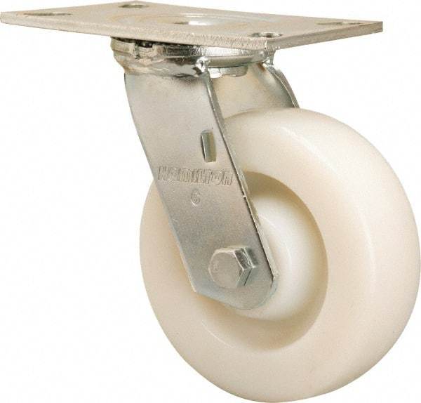 Hamilton - 6" Diam x 2" Wide x 7-1/2" OAH Top Plate Mount Swivel Caster - Nylon, 900 Lb Capacity, Sealed Precision Ball Bearing, 4-1/2 x 6-1/4" Plate - Americas Industrial Supply