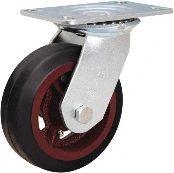 Hamilton - 6" Diam x 2" Wide x 7-1/2" OAH Top Plate Mount Swivel Caster - Rubber Mold on Cast Iron, 410 Lb Capacity, Straight Roller Bearing, 4-1/2 x 6-1/4" Plate - Americas Industrial Supply
