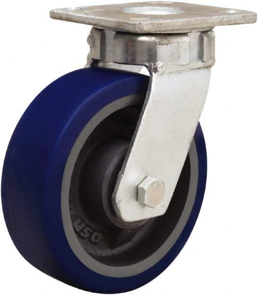 Hamilton - 5" Diam x 2" Wide x 7" OAH Top Plate Mount Swivel Caster - Polyurethane Mold onto Cast Iron Center, 840 Lb Capacity, Sealed Precision Ball Bearing, 4 x 4-1/2" Plate - Americas Industrial Supply