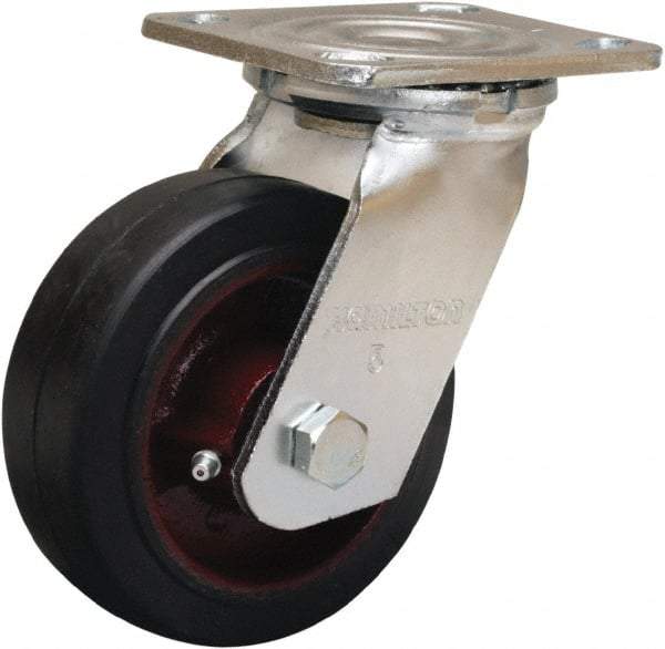 Hamilton - 5" Diam x 2" Wide x 6-1/2" OAH Top Plate Mount Swivel Caster - Rubber Mold on Cast Iron, 350 Lb Capacity, Straight Roller Bearing, 4 x 4-1/2" Plate - Americas Industrial Supply