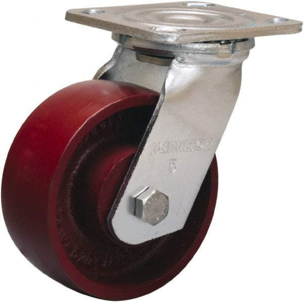 Hamilton - 5" Diam x 2" Wide x 6-1/2" OAH Top Plate Mount Swivel Caster - Cast Iron, 1,250 Lb Capacity, Precision Ball Bearing, 4 x 4-1/2" Plate - Americas Industrial Supply