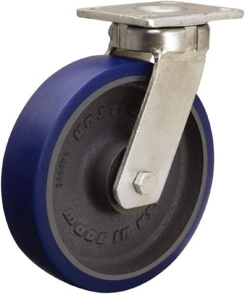 Hamilton - 8" Diam x 2" Wide x 9-1/2" OAH Top Plate Mount Swivel Caster - Polyurethane Mold onto Cast Iron Center, 1,200 Lb Capacity, Sealed Precision Ball Bearing, 4 x 4-1/2" Plate - Americas Industrial Supply