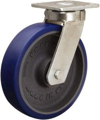 Hamilton - 8" Diam x 2" Wide x 9-1/2" OAH Top Plate Mount Swivel Caster - Polyurethane Mold onto Cast Iron Center, 1,200 Lb Capacity, Sealed Precision Ball Bearing, 4 x 4-1/2" Plate - Americas Industrial Supply
