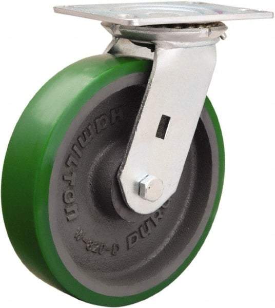 Hamilton - 8" Diam x 2" Wide x 9-1/2" OAH Top Plate Mount Swivel Caster - Polyurethane Mold onto Cast Iron Center, 1,500 Lb Capacity, Sealed Precision Ball Bearing, 4-1/2 x 6-1/4" Plate - Americas Industrial Supply