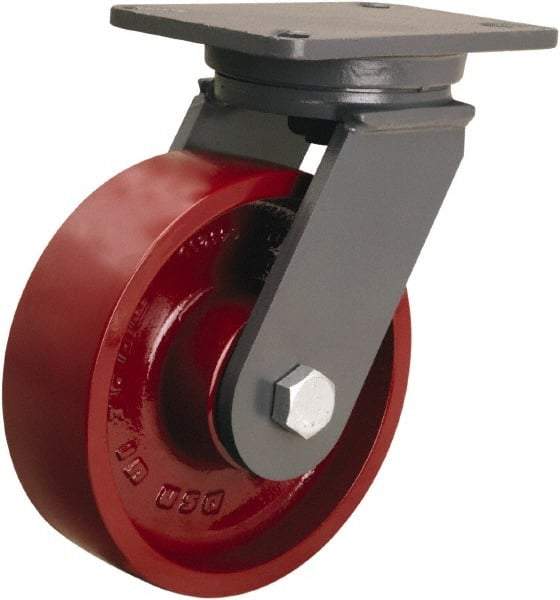 Hamilton - 8" Diam x 2-1/2" Wide x 10-1/2" OAH Top Plate Mount Swivel Caster - Cast Iron, 2,500 Lb Capacity, Straight Roller Bearing, 5-1/4 x 7-1/4" Plate - Americas Industrial Supply