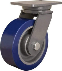 Hamilton - 8" Diam x 3" Wide x 10-1/2" OAH Top Plate Mount Swivel Caster - Polyurethane Mold onto Cast Iron Center, 3,500 Lb Capacity, Straight Roller Bearing, 5-1/4 x 7-1/4" Plate - Americas Industrial Supply