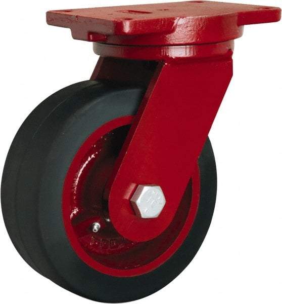 Hamilton - 8" Diam x 3" Wide x 10-1/2" OAH Top Plate Mount Swivel Caster - Rubber Mold on Cast Iron, 840 Lb Capacity, Precision Tapered Roller Bearing, 6-1/8 x 7-1/2" Plate - Americas Industrial Supply