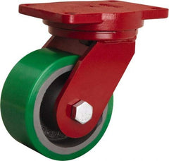 Hamilton - 6" Diam x 3" Wide x 8-1/2" OAH Top Plate Mount Swivel Caster - Polyurethane Mold onto Cast Iron Center, 2,200 Lb Capacity, Tapered Roller Bearing, 6-1/8 x 7-1/2" Plate - Americas Industrial Supply