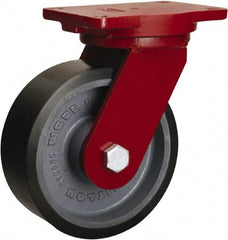 Hamilton - 8" Diam x 3" Wide x 10-1/2" OAH Top Plate Mount Swivel Caster - Polyurethane Mold onto Cast Iron Center, 3,250 Lb Capacity, Tapered Roller Bearing, 6-1/8 x 7-1/2" Plate - Americas Industrial Supply