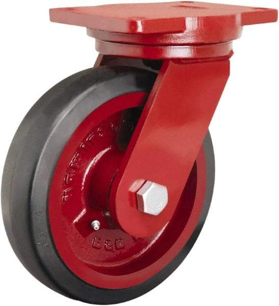 Hamilton - 8" Diam x 2-1/2" Wide x 10-1/2" OAH Top Plate Mount Swivel Caster - Rubber Mold on Cast Iron, 670 Lb Capacity, Straight Roller Bearing, 6-1/8 x 7-1/2" Plate - Americas Industrial Supply
