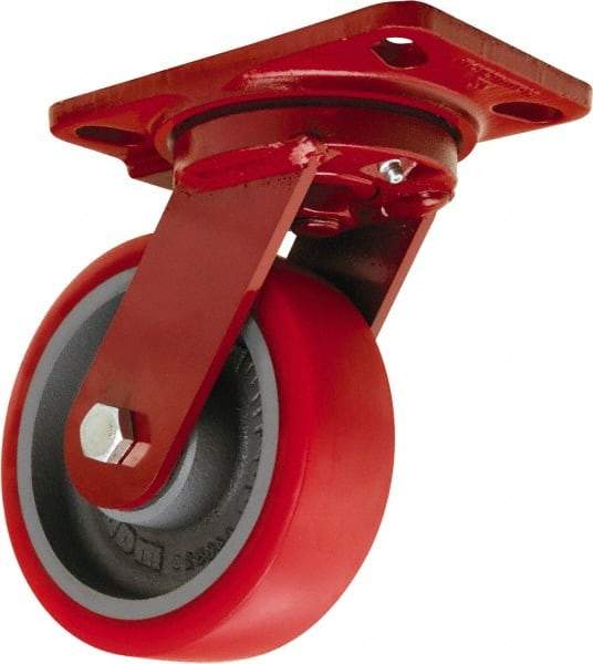 Hamilton - 6" Diam x 2" Wide x 7-3/4" OAH Top Plate Mount Swivel Caster - Polyurethane Mold onto Cast Iron Center, 1,400 Lb Capacity, Tapered Roller Bearing, 4-1/2 x 6-1/2" Plate - Americas Industrial Supply