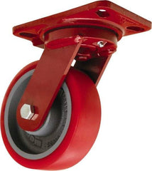 Hamilton - 6" Diam x 2" Wide x 7-3/4" OAH Top Plate Mount Swivel Caster - Polyurethane Mold onto Cast Iron Center, 1,400 Lb Capacity, Tapered Roller Bearing, 4-1/2 x 6-1/2" Plate - Americas Industrial Supply