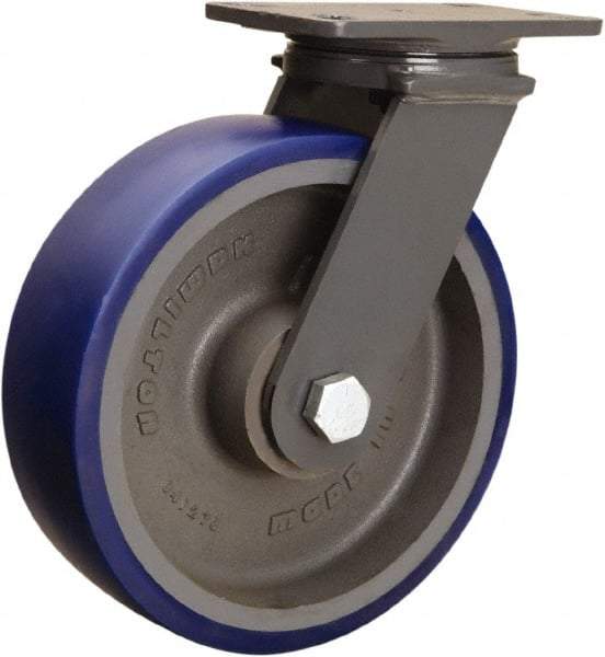 Hamilton - 10" Diam x 3" Wide x 12-1/16" OAH Top Plate Mount Swivel Caster - Polyurethane Mold onto Cast Iron Center, 2,400 Lb Capacity, Tapered Roller Bearing, 4-1/2 x 6-1/2" Plate - Americas Industrial Supply