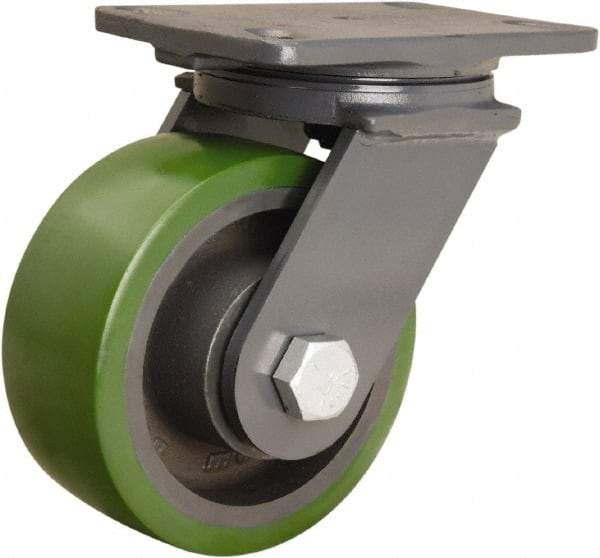 Hamilton - 6" Diam x 2-1/2" Wide x 7-3/4" OAH Top Plate Mount Swivel Caster - Polyurethane Mold onto Cast Iron Center, 1,600 Lb Capacity, Sealed Precision Ball Bearing, 4-1/2 x 6-1/2" Plate - Americas Industrial Supply