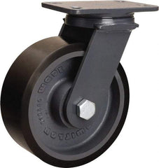 Hamilton - 8" Diam x 3" Wide x 10-1/4" OAH Top Plate Mount Swivel Caster - Polyurethane Mold onto Cast Iron Center, 2,400 Lb Capacity, Sealed Precision Ball Bearing, 4-1/2 x 6-1/2" Plate - Americas Industrial Supply
