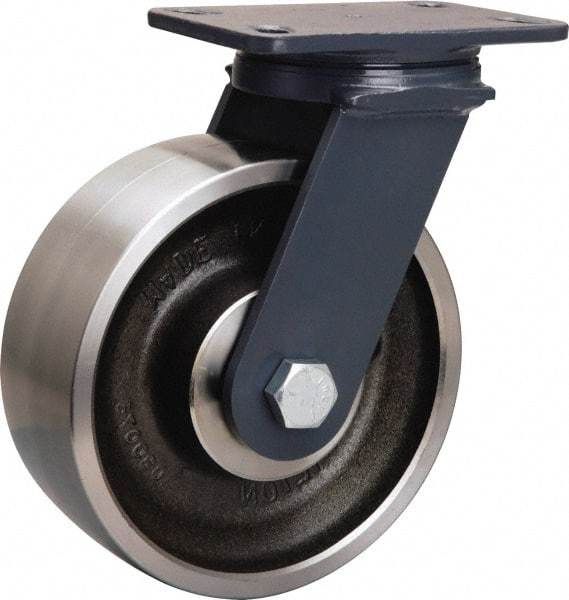 Hamilton - 8" Diam x 3" Wide x 10-1/4" OAH Top Plate Mount Swivel Caster - Forged Steel, 2,400 Lb Capacity, Tapered Roller Bearing, 4-1/2 x 6-1/2" Plate - Americas Industrial Supply