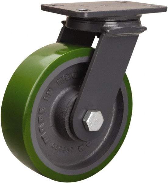 Hamilton - 8" Diam x 2-1/2" Wide x 10-1/4" OAH Top Plate Mount Swivel Caster - Polyurethane Mold onto Cast Iron Center, 2,000 Lb Capacity, Sealed Precision Ball Bearing, 4-1/2 x 6-1/2" Plate - Americas Industrial Supply