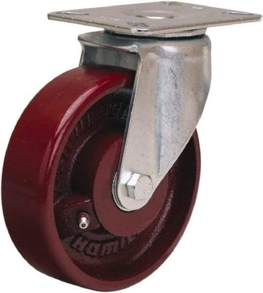 Hamilton - 5" Diam x 1-1/2" Wide x 6-3/8" OAH Top Plate Mount Swivel Caster - Cast Iron, 450 Lb Capacity, Straight Roller Bearing, 3-1/8 x 4-1/8" Plate - Americas Industrial Supply