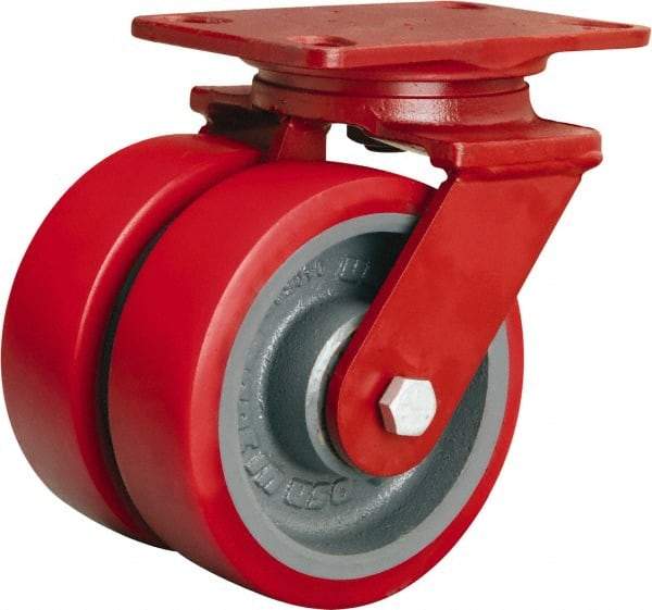 Hamilton - 6" Diam x 2" Wide x 7-3/4" OAH Top Plate Mount Dual Swivel Caster - Polyurethane Mold on Forged Steel, 2,500 Lb Capacity, Tapered Roller Bearing, 4-1/2 x 6-1/2" Plate - Americas Industrial Supply