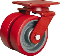 Hamilton - 6" Diam x 2" Wide x 7-3/4" OAH Top Plate Mount Dual Swivel Caster - Polyurethane Mold on Forged Steel, 2,500 Lb Capacity, Tapered Roller Bearing, 4-1/2 x 6-1/2" Plate - Americas Industrial Supply