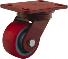 Hamilton - 4" Diam x 2" Wide x 5-5/8" OAH Top Plate Mount Swivel Caster - Polyurethane Mold on Forged Steel, 900 Lb Capacity, Sealed Precision Ball Bearing, 4-1/2 x 6-1/2" Plate - Americas Industrial Supply