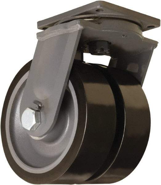 Hamilton - 12" Diam x 4" Wide x 15-1/2" OAH Top Plate Mount Dual Swivel Caster - Polyurethane Mold on Forged Steel, 15,600 Lb Capacity, Tapered Roller Bearing, 8-1/2 x 8-1/2" Plate - Americas Industrial Supply