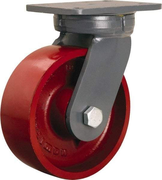 Hamilton - 8" Diam x 3" Wide x 10-1/2" OAH Top Plate Mount Swivel Caster - Cast Iron, 2,600 Lb Capacity, Tapered Roller Bearing, 5-1/4 x 7-1/4" Plate - Americas Industrial Supply