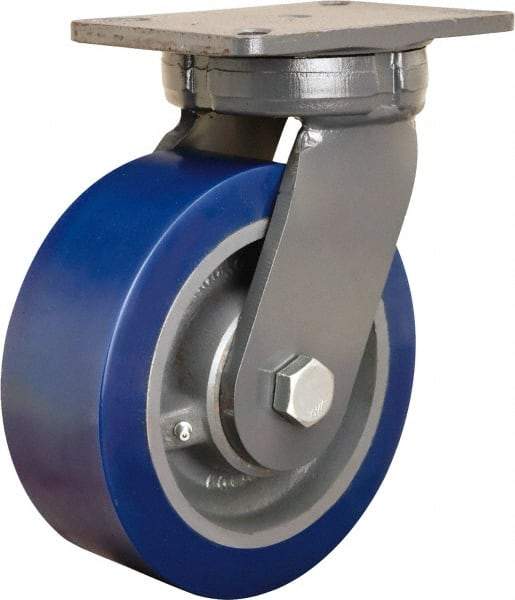 Hamilton - 8" Diam x 3" Wide x 10-1/2" OAH Top Plate Mount Swivel Caster - Polyurethane Mold on Forged Steel, 3,500 Lb Capacity, Straight Roller Bearing, 5-1/4 x 7-1/4" Plate - Americas Industrial Supply