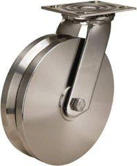 Hamilton - 8" Diam x 2" Wide, Stainless Steel Swivel Caster - 800 Lb Capacity, Top Plate Mount, 3-3/4" x 4-1/2" Plate, Delrin Bearing - Americas Industrial Supply