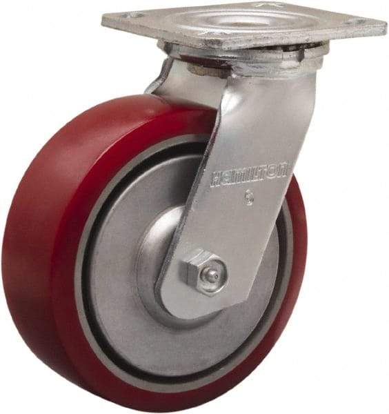 Hamilton - 6" Diam x 2" Wide x 7-1/2" OAH Top Plate Mount Swivel Caster - Polyurethane on Aluminum, 900 Lb Capacity, Straight Roller Bearing, 4 x 4-1/2" Plate - Americas Industrial Supply