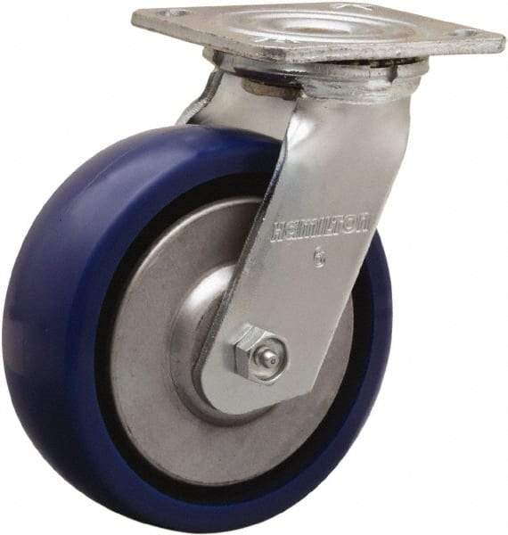 Hamilton - 6" Diam x 2" Wide x 7-1/2" OAH Top Plate Mount Swivel Caster - Polyurethane, 900 Lb Capacity, Sealed Precision Ball Bearing, 4 x 4-1/2" Plate - Americas Industrial Supply