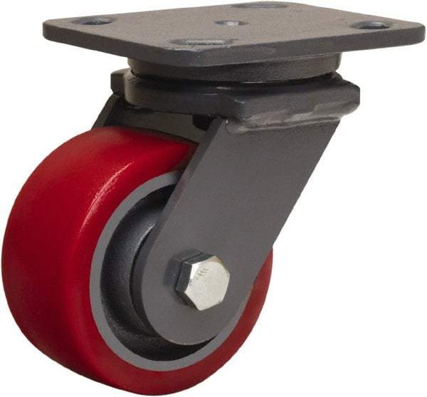Hamilton - 4" Diam x 2" Wide x 5-5/8" OAH Top Plate Mount Swivel Caster - Polyurethane Mold onto Cast Iron Center, 900 Lb Capacity, Sealed Precision Ball Bearing, 4 x 5" Plate - Americas Industrial Supply