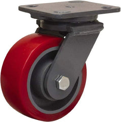 Hamilton - 5" Diam x 2" Wide x 6-1/2" OAH Top Plate Mount Swivel Caster - Polyurethane Mold on Forged Steel, 1,250 Lb Capacity, Sealed Precision Ball Bearing, 4 x 5" Plate - Americas Industrial Supply