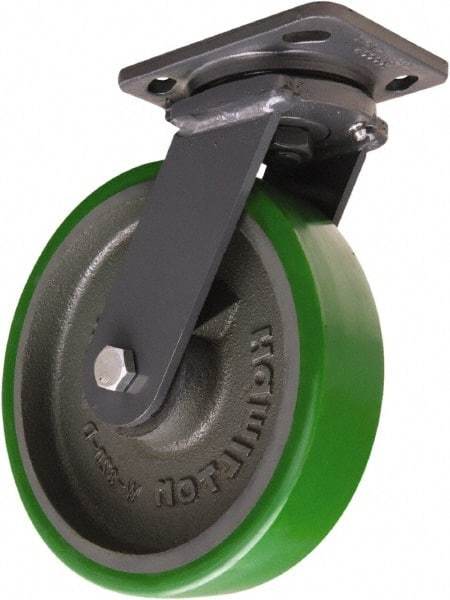 Hamilton - 8" Diam x 2" Wide x 9-1/2" OAH Top Plate Mount Swivel Caster - Polyurethane Mold onto Cast Iron Center, 1,500 Lb Capacity, Tapered Roller Bearing, 4 x 5" Plate - Americas Industrial Supply