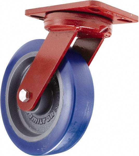 Hamilton - 8" Diam x 2" Wide x 9-3/4" OAH Top Plate Mount Swivel Caster - Polyurethane, 1,650 Lb Capacity, Sealed Precision Ball Bearing, 4-1/2 x 6-1/2" Plate - Americas Industrial Supply