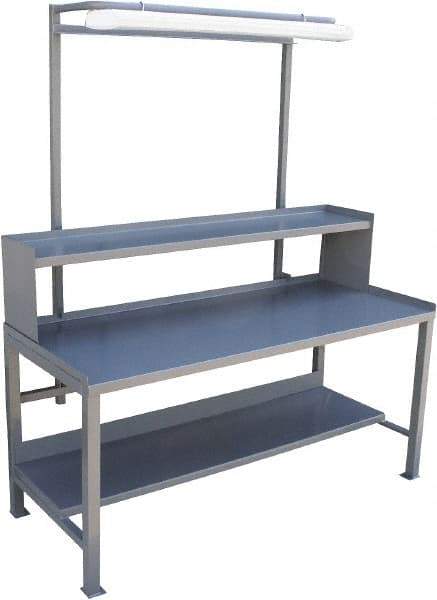 Jamco - 60 Wide x 30" Deep x 48" High, 12 Gauge Steel Heavy-Duty Workbench with Riser & Light Fixture - 12 Gauge Steel Top, Fixed Legs, Gray - Americas Industrial Supply
