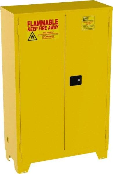 Jamco - 2 Door, 2 Shelf, Yellow Steel Double Wall Safety Cabinet for Flammable and Combustible Liquids - 70" High x 18" Wide x 43" Deep, Self Closing Door, 3 Point Key Lock, 45 Gal Capacity - Americas Industrial Supply