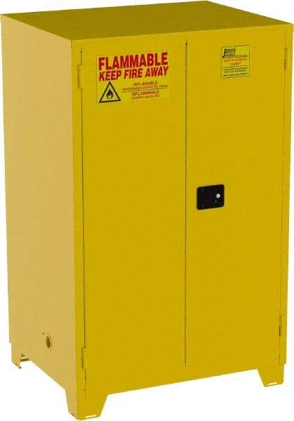 Jamco - 2 Door, 2 Shelf, Yellow Steel Double Wall Safety Cabinet for Flammable and Combustible Liquids - 70" High x 34" Wide x 43" Deep, Manual Closing Door, 3 Point Key Lock, 90 Gal Capacity - Americas Industrial Supply