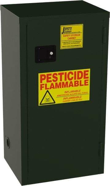 Jamco - 1 Door, 2 Shelf, Green Steel Double Wall Safety Cabinet for Flammable and Combustible Liquids - 44" High x 18" Wide x 23" Deep, Manual Closing Door, 3 Point Key Lock, 18 Gal Capacity - Americas Industrial Supply
