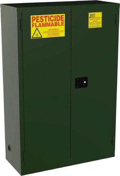 Jamco - 2 Door, 2 Shelf, Green Steel Double Wall Safety Cabinet for Flammable and Combustible Liquids - 44" High x 18" Wide x 43" Deep, Self Closing Door, 3 Point Key Lock, 45 Gal Capacity - Americas Industrial Supply