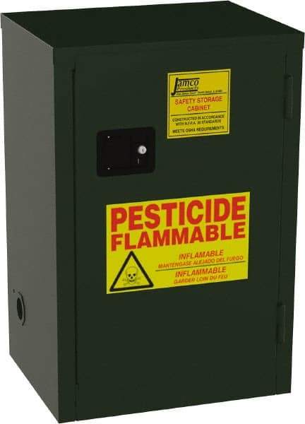 Jamco - 1 Door, 1 Shelf, Green Steel Double Wall Safety Cabinet for Flammable and Combustible Liquids - 35" High x 18" Wide x 23" Deep, Self Closing Door, 3 Point Key Lock, 12 Gal Capacity - Americas Industrial Supply