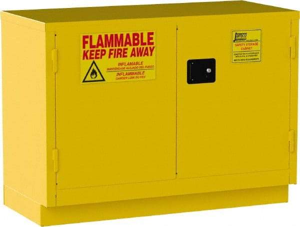 Jamco - 2 Door, 1 Shelf, Yellow Steel Double Wall Safety Cabinet for Flammable and Combustible Liquids - 35" High x 22" Wide x 48" Deep, Manual Closing Door, 3 Point Key Lock, 30 Gal Capacity - Americas Industrial Supply