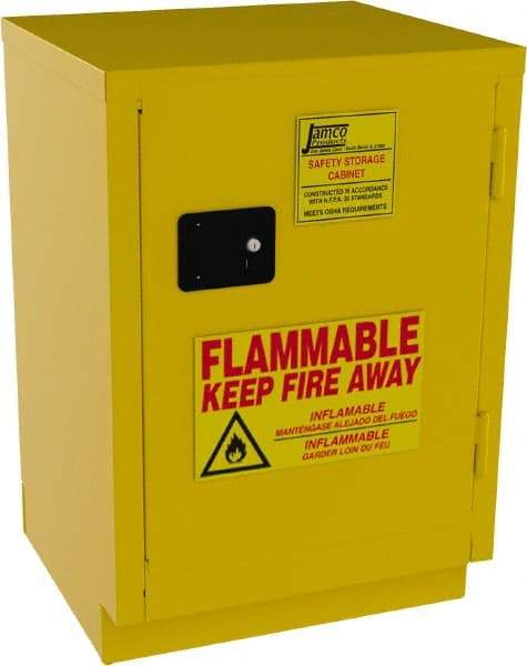 Jamco - 1 Door, 1 Shelf, Yellow Steel Double Wall Safety Cabinet for Flammable and Combustible Liquids - 35" High x 22" Wide x 24" Deep, Manual Closing Door, 3 Point Key Lock, 12 Gal Capacity - Americas Industrial Supply