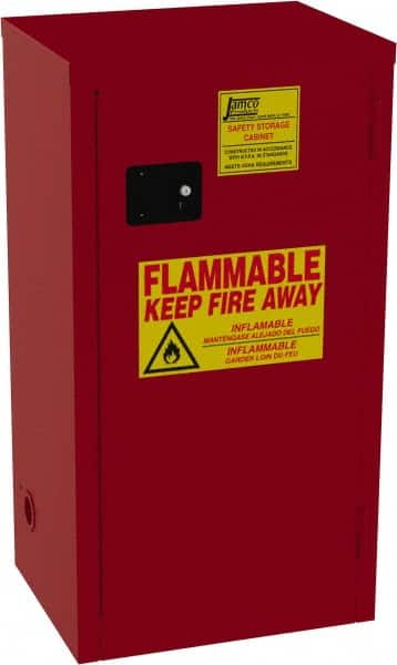 Jamco - 1 Door, 3 Shelf, Red Steel Double Wall Safety Cabinet for Flammable and Combustible Liquids - 44" High x 18" Wide x 23" Deep, Manual Closing Door, 3 Point Key Lock, 24 Gal Capacity - Americas Industrial Supply